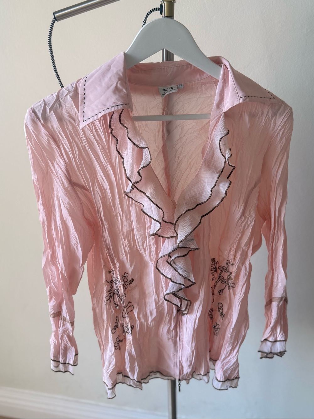 Vintage Pink Ruffle-Front Women's Blouse